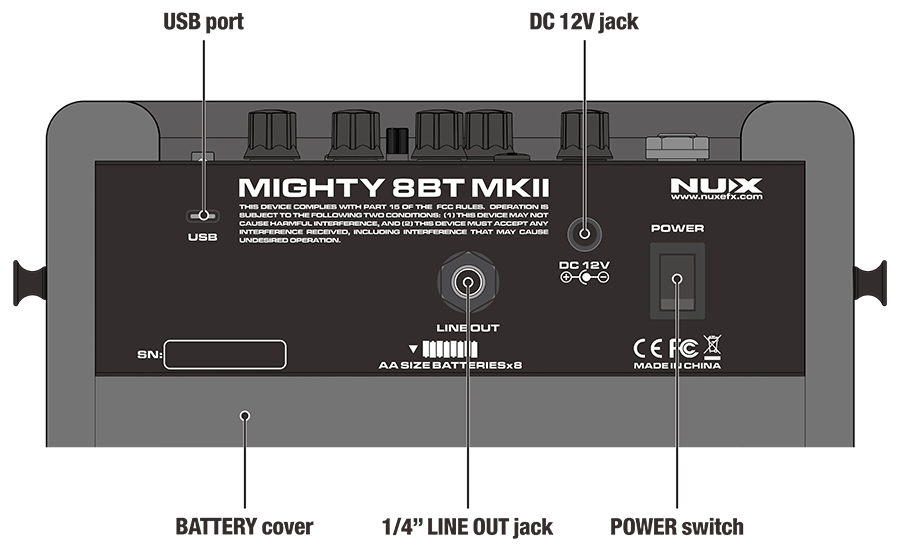 Giắc cắm DC 12V, công tắc POWER